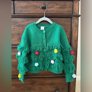 Green Fringe Cardigan with Pom Poms